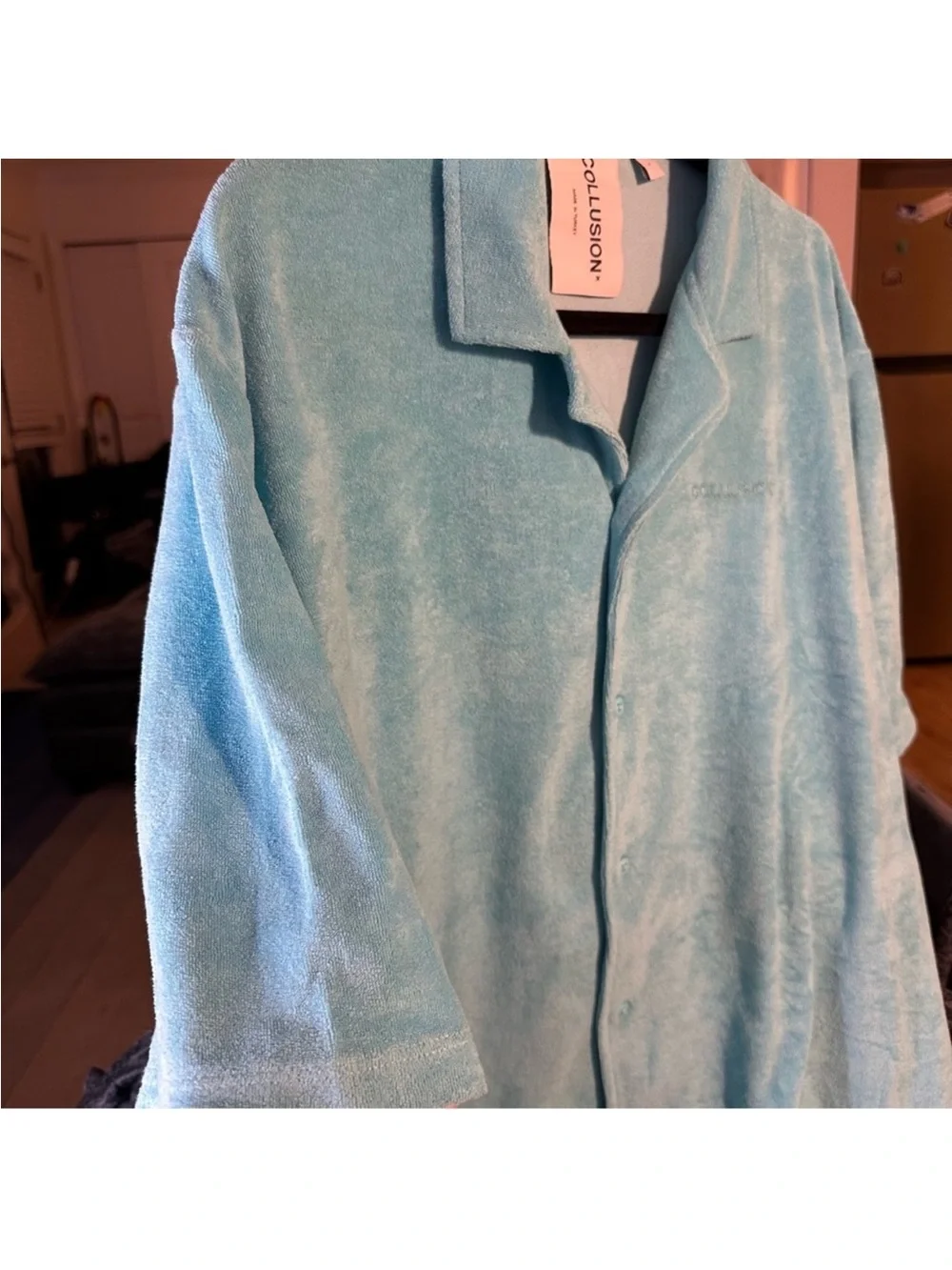 ASOS Collusion Terrycloth Button-Up Shirt in Aqua Blue - Picture 10 of 11